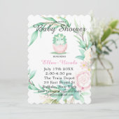 Roze Green Cute Dinosaur Peony Baby shower Invites Kaart (Staand voorkant)