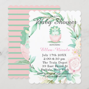 Roze Green Cute Dinosaur Peony Baby shower Invites Kaart