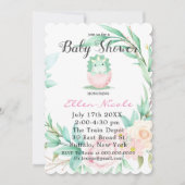 Roze Green Cute Dinosaur Peony Baby shower Invites Kaart (Voorkant)