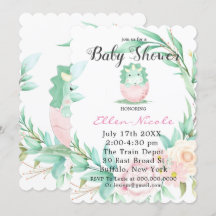 Roze Green Cute Dinosaur Peony Baby shower Invites