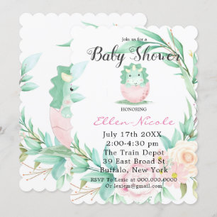Roze Green Cute Dinosaur Peony Baby shower Invites Kaart