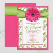 Roze Green Daisy Damask First Communitation Invita Kaart (Voorkant / Achterkant)