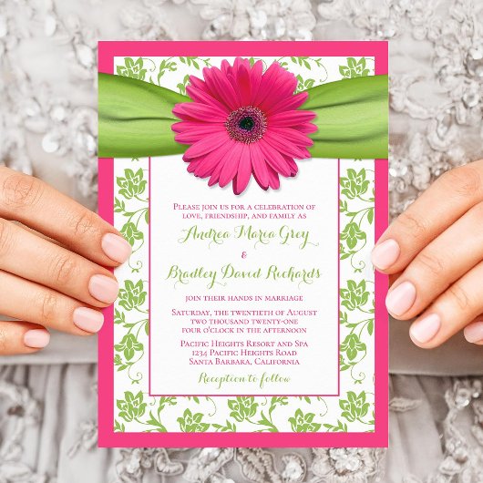 Roze Green Daisy Floral Damask Wedding Invitation Kaart