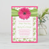 Roze Green Daisy Floral Damask Wedding Invitation Kaart (Staand voorkant)