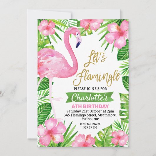 Roze Green Let's Flamingle Birthday Invitation Kaart (Voorkant)