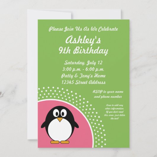 Roze Green Penguin Birthday Party Invitation Kaart (Voorkant)