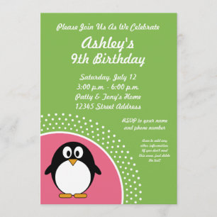Roze Green Penguin Birthday Party Invitation Kaart
