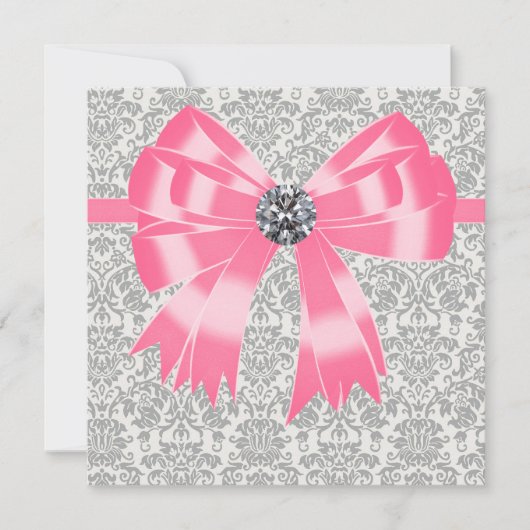Roze Grey Damask Party Invitation Sjabloon Kaart (Voorkant)