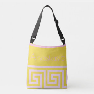 Roze Grieks sleutelpatroon voor Gele Vrouwen Crossbody Tas