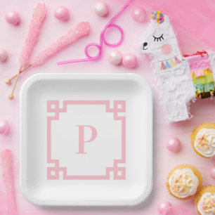 Roze Griekse Sleutelrand Monogram Papieren Borden Bordje