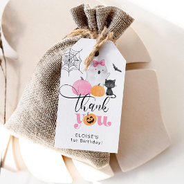 Roze griezelige één Halloween verjaardag bedankt Cadeaulabel
