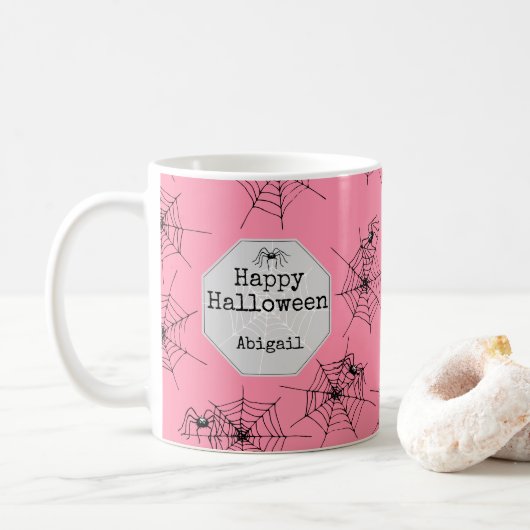 Roze Griezelige Spin Halloween Mok (Met donut)