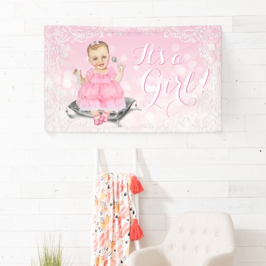 Roze Grijs  Baby Meisje Baby shower Banner (Insitu)