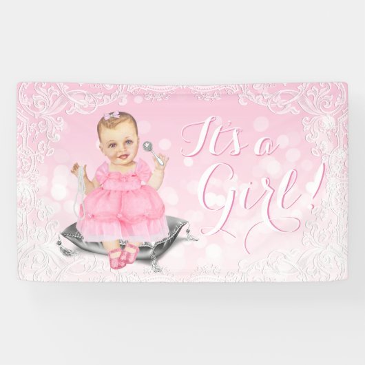 Roze Grijs  Baby Meisje Baby shower Banner (Horizontaal)
