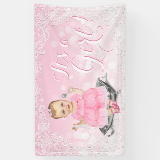 Roze Grijs  Baby Meisje Baby shower Banner (Verticaal)
