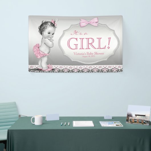 Roze Grijs  Baby Meisje Baby shower Spandoek (Beurs)