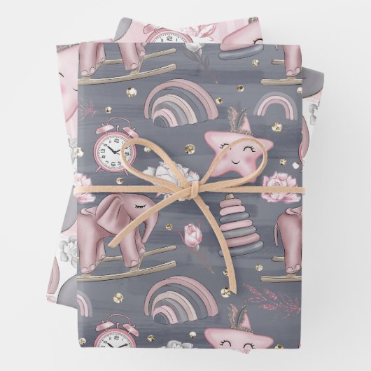 ROZE & GRIJS BABY MEISJE SPEELGOED HARTEN BLOEMEN INPAKPAPIER VEL (In situ)