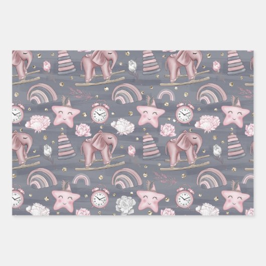 ROZE & GRIJS BABY MEISJE SPEELGOED HARTEN BLOEMEN INPAKPAPIER VEL (Voorkant)