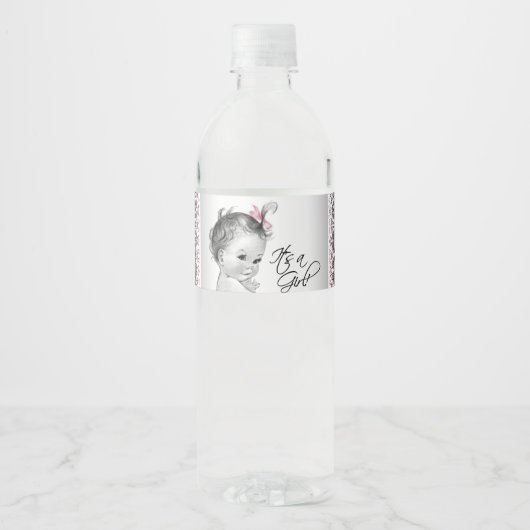 Roze Grijs Baby Meisje Waterfles Labels Waterfles Etiket (Voorkant)