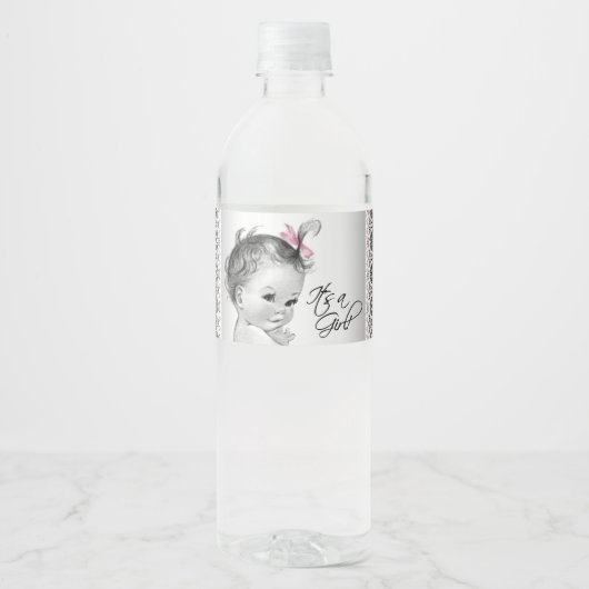 Roze Grijs  Baby Meisje Waterfles Labels Waterfles Etiket (Voorkant)