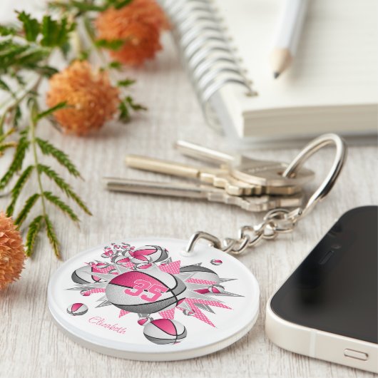 roze grijs basketbal blowout meisjes jersey nummer sleutelhanger (Voorkant Rechts)