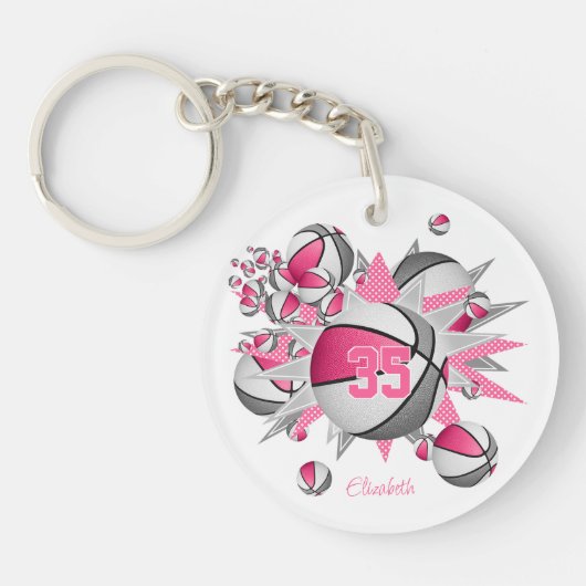 roze grijs basketbal blowout meisjes jersey nummer sleutelhanger (Voorkant)