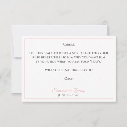 Roze & Grijs Be My Ring Bearer Kaart (Achterkant)