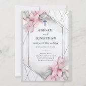 Roze Grijs Bloemen Christelijk Kruis en Bijbel Bru Kaart (Voorkant)