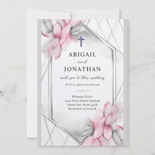 Roze Grijs Bloemen Christelijk Kruis en Bijbel Bru Kaart (Voorkant)