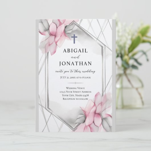 Roze Grijs Bloemen Christelijk Kruis en Bijbel Bru Kaart (Staand voorkant)