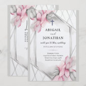 Roze Grijs Bloemen Christelijk Kruis en Bijbel Bru Kaart (Voorkant / Achterkant)