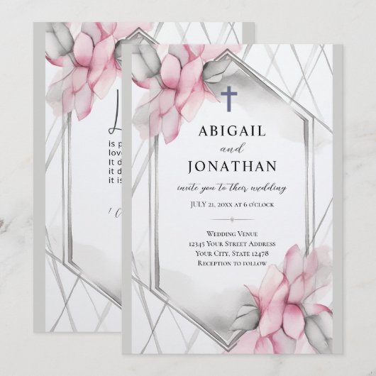 Roze Grijs Bloemen Christelijk Kruis en Bijbel Bru Kaart (Voorkant / Achterkant)