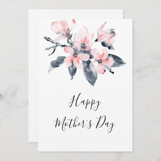 Roze & Grijs Bloemen Classy Waterverf Moederdag Feestdagenkaart (Voorkant / Achterkant)