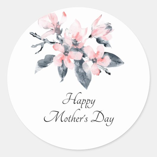 Roze & Grijs Bloemen Classy Waterverf Moederdag Ronde Sticker (Voorkant)