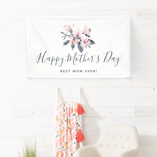 Roze & Grijs Bloemen Classy Waterverf Moederdag Spandoek (Insitu)