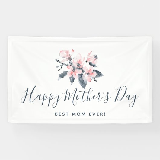 Roze & Grijs Bloemen Classy Waterverf Moederdag Spandoek (Horizontaal)