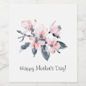 Roze & Grijs Bloemen Classy Waterverf Moederdag Wijn Etiket (Enkel label)