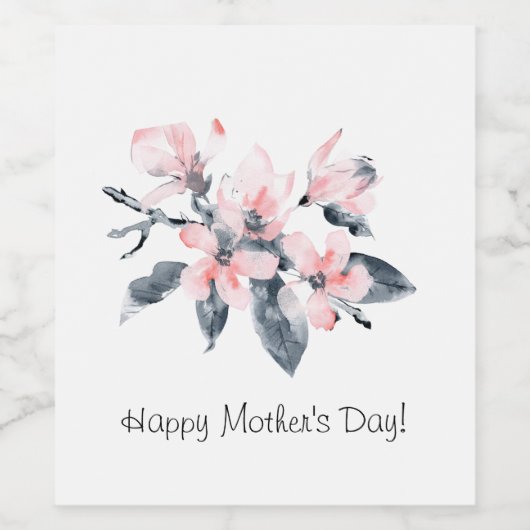 Roze & Grijs Bloemen Classy Waterverf Moederdag Wijn Etiket (Enkel label)