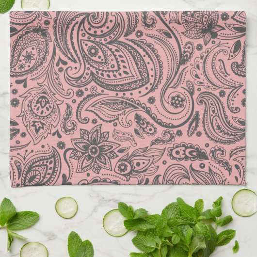 Roze & Grijs Bloemen Damasks Theedoek (Gevouwen)