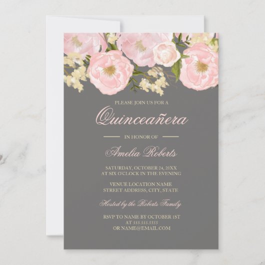 Roze Grijs Bloemen Quinceanera Invitation Kaart (Voorkant)