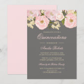 Roze Grijs Bloemen Quinceanera Invitation Kaart (Voorkant / Achterkant)