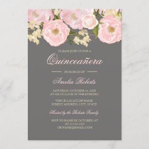 Roze Grijs Bloemen Quinceanera Invitation Kaart