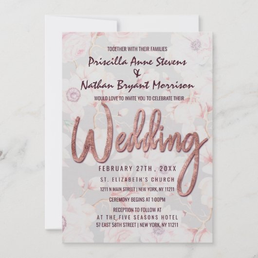 Roze Grijs Bloemen Roos Goud Handgeschreven bruilo Kaart (Voorkant)