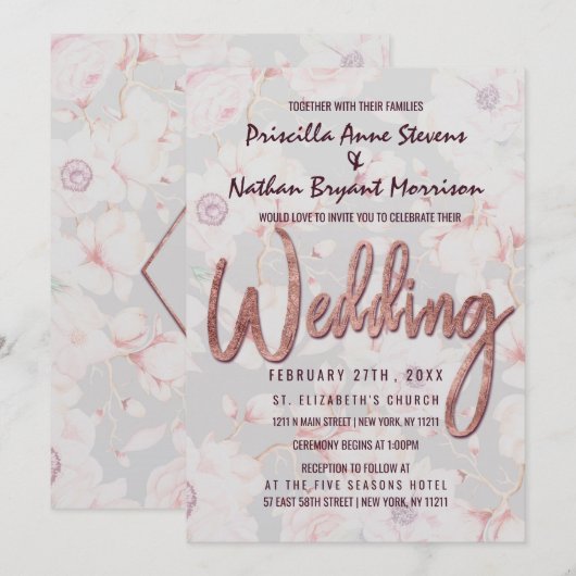 Roze Grijs Bloemen Roos Goud Handgeschreven bruilo Kaart (Voorkant / Achterkant)