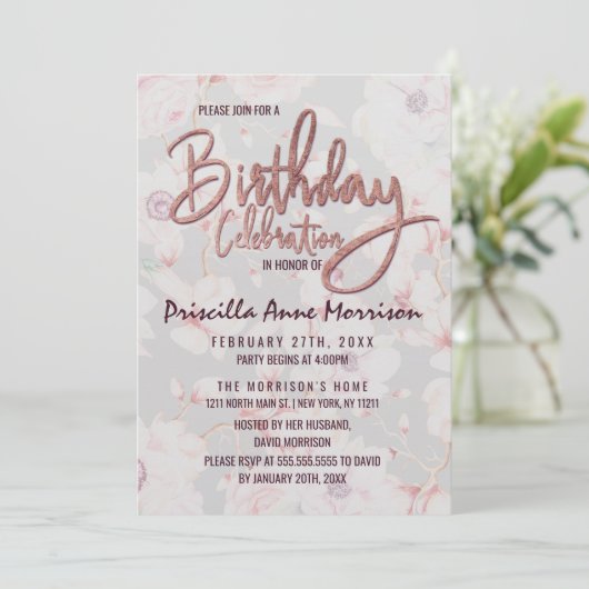 Roze Grijs Bloemen Roos Goud Handgeschreven Verjaa Kaart (Staand voorkant)