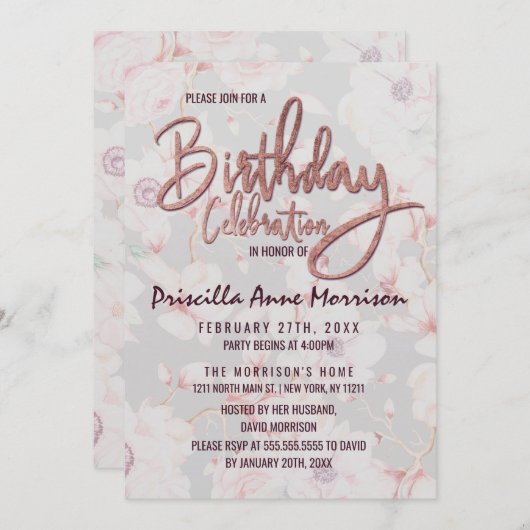 Roze Grijs Bloemen Roos Goud Handgeschreven Verjaa Kaart (Voorkant / Achterkant)