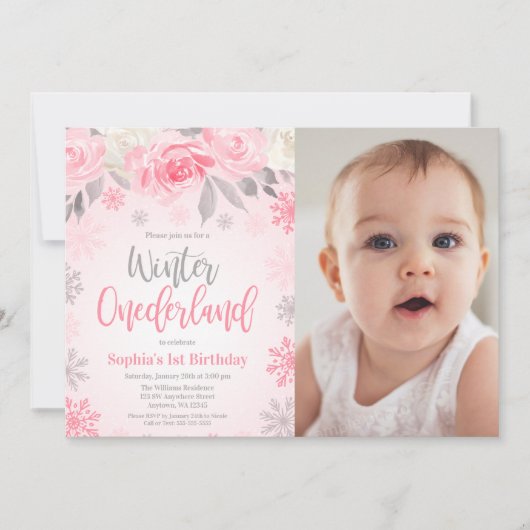 Roze Grijs Bloemen Winter ONEderland Verjaardag Fo Kaart (Voorkant)