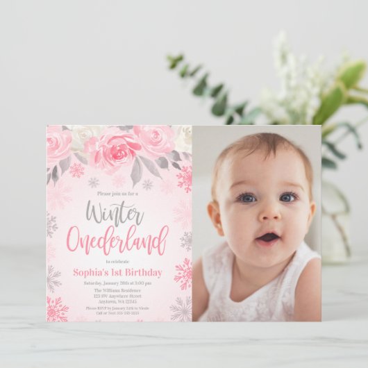 Roze Grijs Bloemen Winter ONEderland Verjaardag Fo Kaart (Staand voorkant)