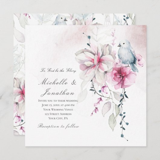 Roze Grijs Bloemen Witte Duif Christelijk Bruiloft Kaart (Voorkant / Achterkant)