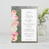 Roze & Grijs Bloemige & Zilveren Glitter Bruiloft Kaart (Staand voorkant)